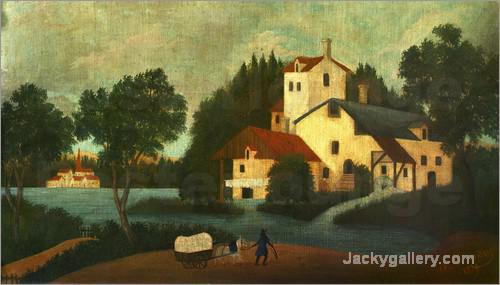 Landschaft mit Wassermuhle und Wagen. by Henri Rousseau paintings reproduction